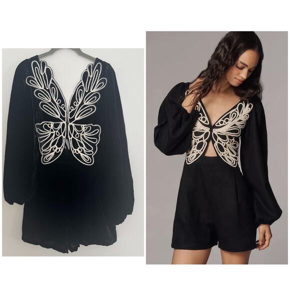 Farm Rio x Anthropologie Embroidered Long-Sleeve Romper in Black